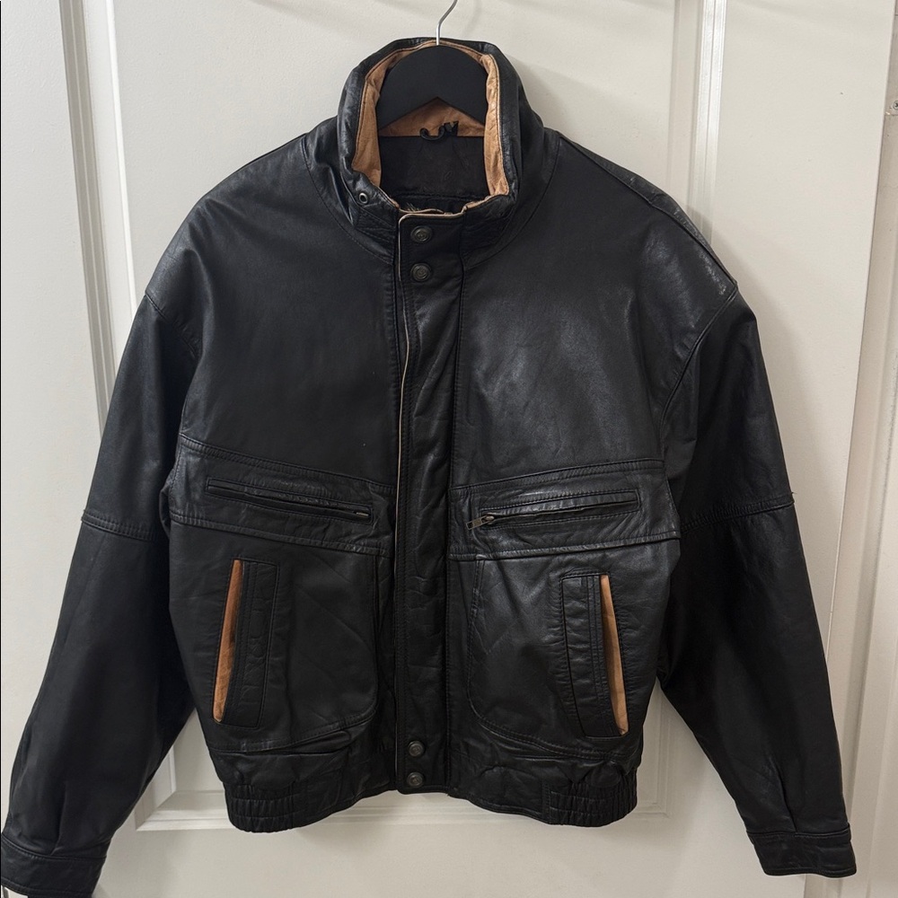 Black Leather Bomber Jacket with Tan Accent